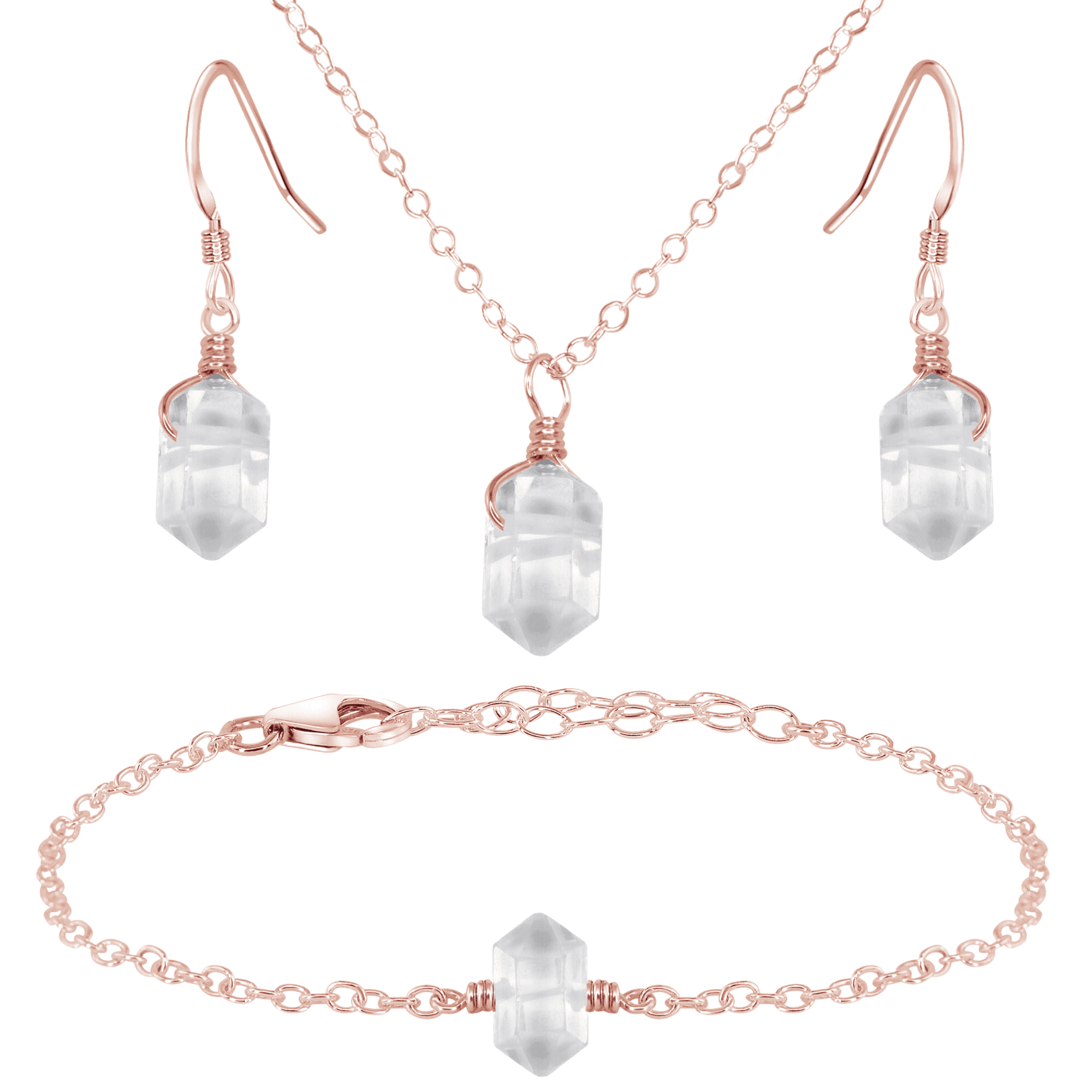 Crystal Quartz Double Terminated Earrings, Necklace & Bracelet Set - Crystal Quartz Double Terminated Earrings, Necklace & Bracelet Set - 14k Rose Gold Fill - Luna Tide Handmade Crystal Jewellery