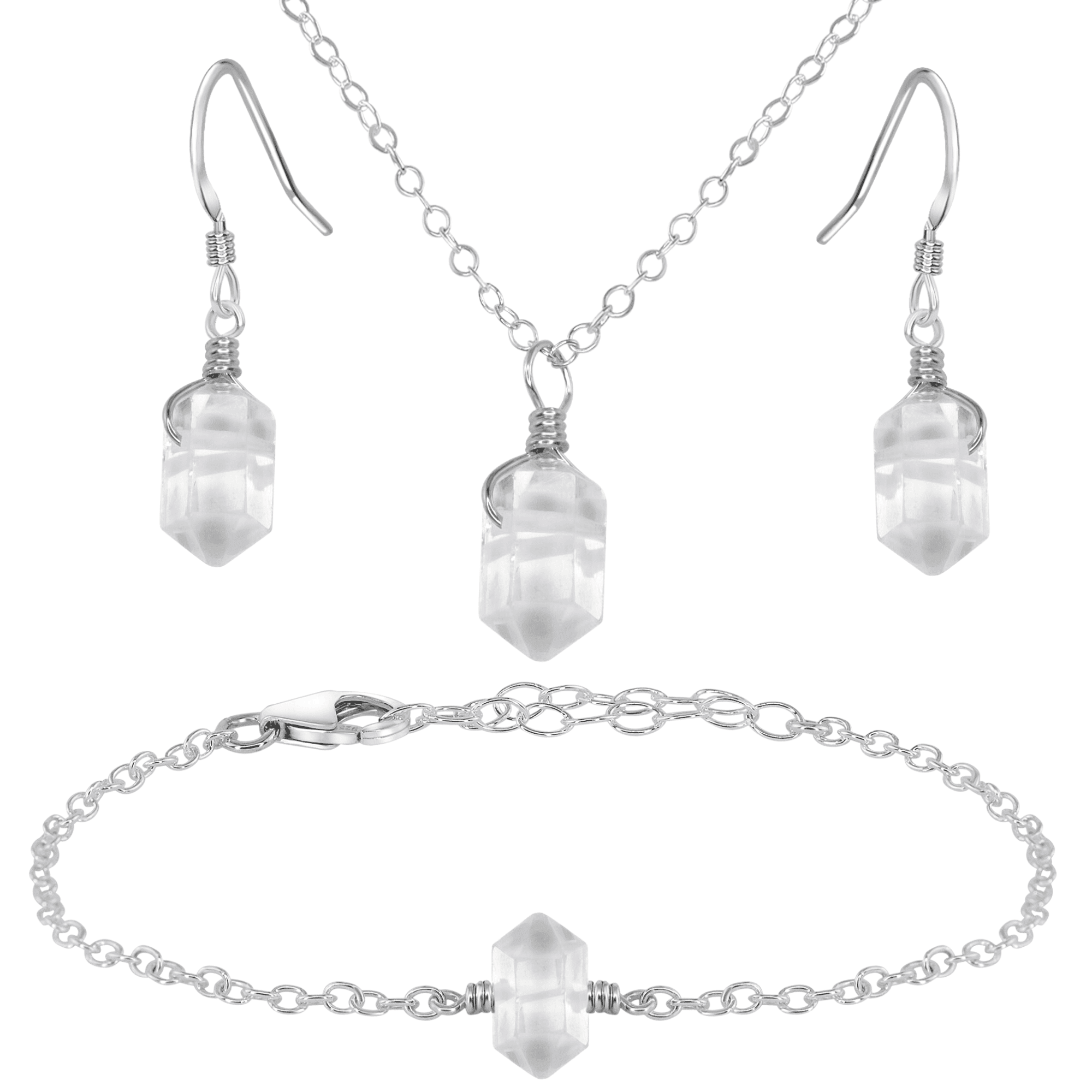 Crystal Quartz Double Terminated Earrings, Necklace & Bracelet Set - Crystal Quartz Double Terminated Earrings, Necklace & Bracelet Set - Sterling Silver - Luna Tide Handmade Crystal Jewellery