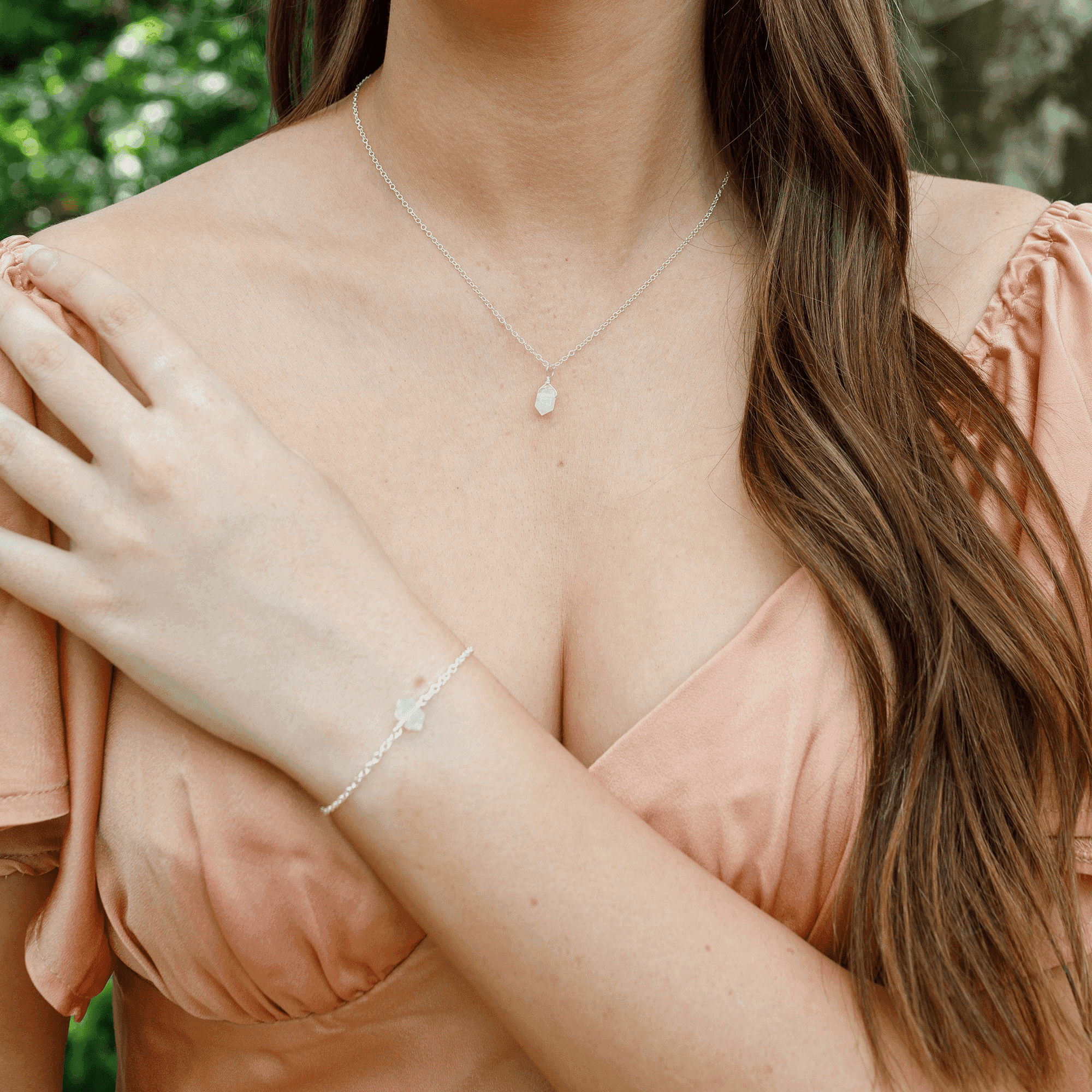 Rainbow Moonstone Double Terminated Crystal Necklace & Bracelet Set - Rainbow Moonstone Double Terminated Crystal Necklace & Bracelet Set - Sterling Silver - Luna Tide Handmade Crystal Jewellery