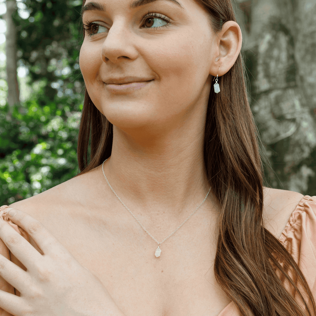 Rainbow Moonstone Mini Double Terminated Crystal Point Earrings & Necklace Set - Rainbow Moonstone Mini Double Terminated Crystal Point Earrings & Necklace Set - Sterling Silver - Luna Tide Handmade Crystal Jewellery
