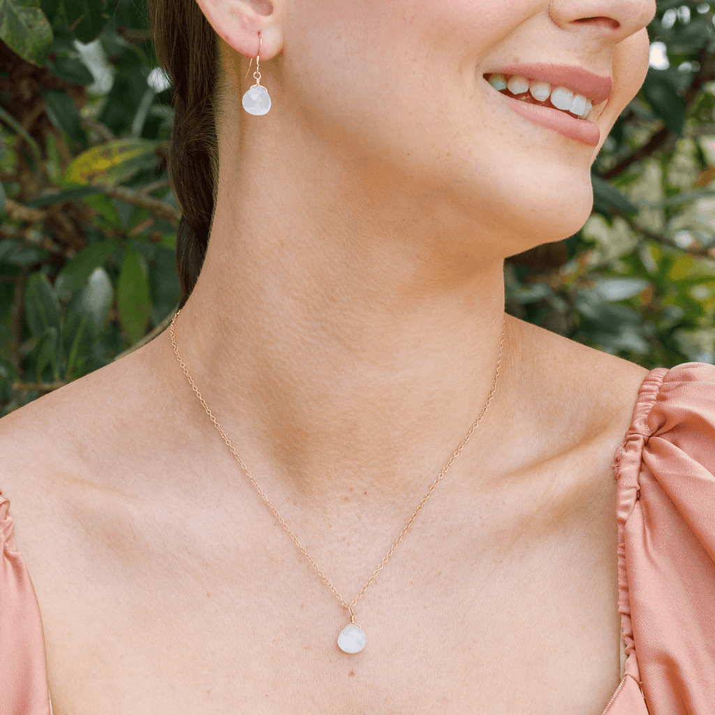 Rainbow Moonstone Tiny Teardrop Earrings & Necklace Set - Rainbow Moonstone Tiny Teardrop Earrings & Necklace Set - 14k Gold Fill / Cable - Luna Tide Handmade Crystal Jewellery