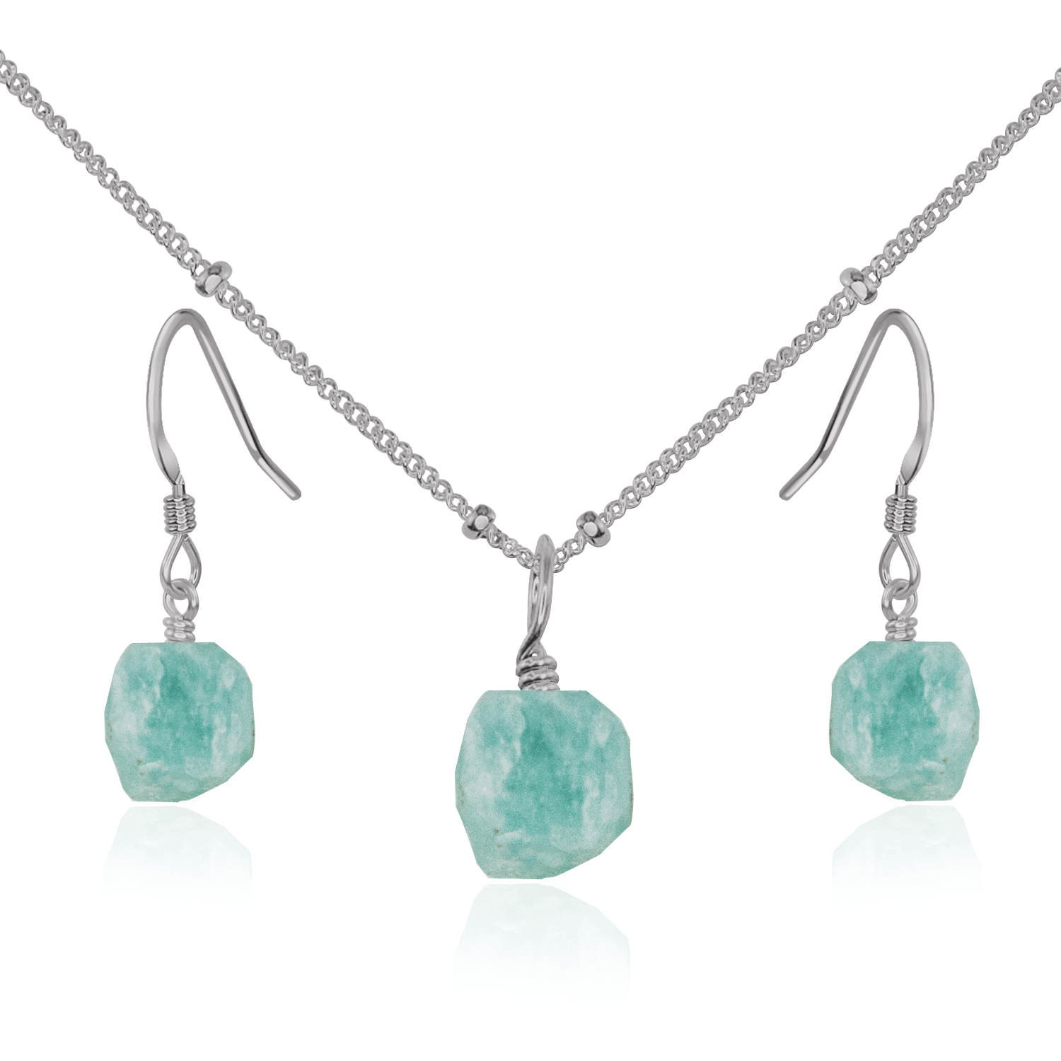 Raw Amazonite Crystal Jewellery Set - Raw Amazonite Crystal Jewellery Set - Stainless Steel / Satellite / Necklace & Earrings - Luna Tide Handmade Crystal Jewellery