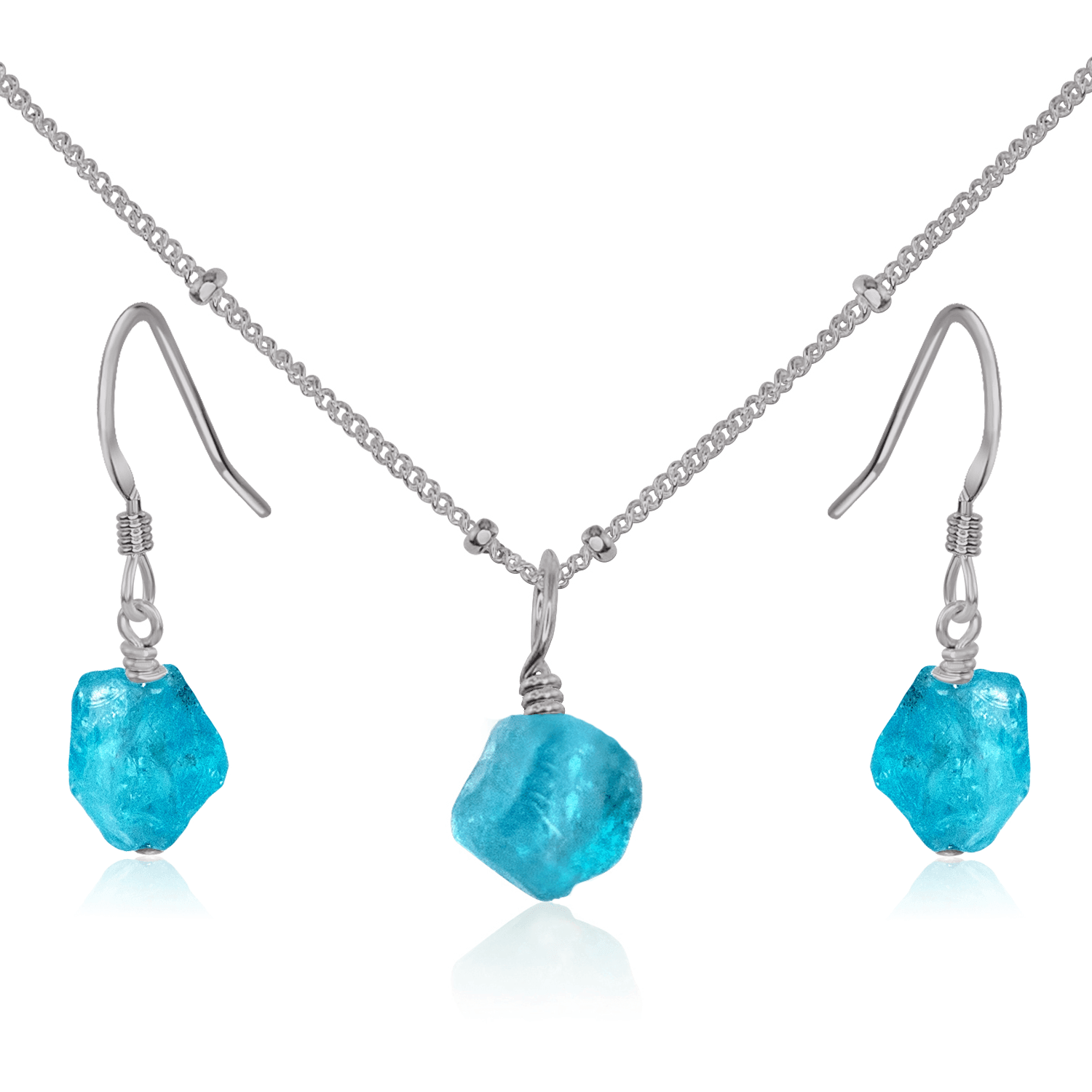 Raw Apatite Crystal Jewellery Set - Raw Apatite Crystal Jewellery Set - Stainless Steel / Satellite / Necklace & Earrings - Luna Tide Handmade Crystal Jewellery