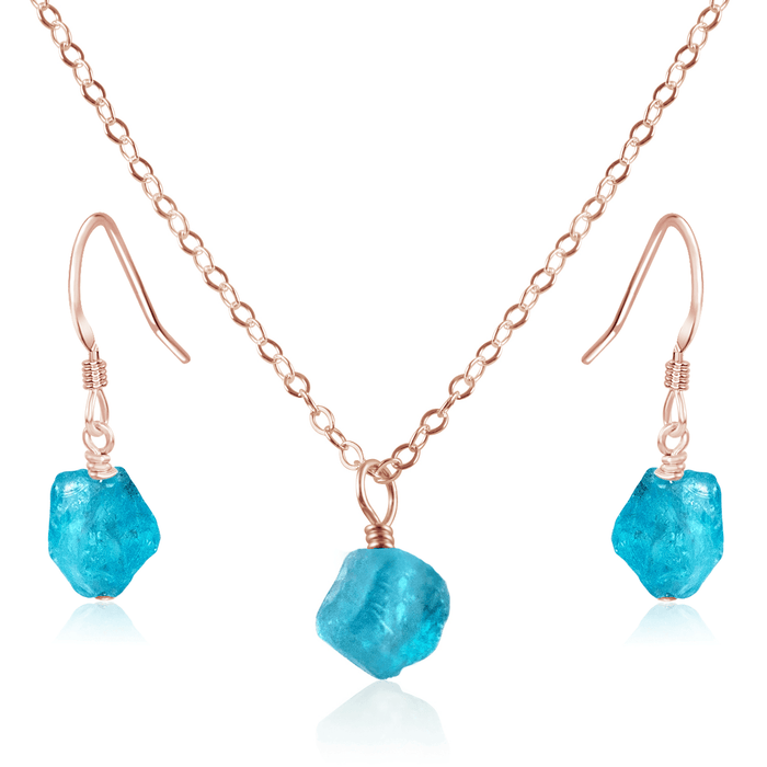 Raw Apatite Crystal Jewellery Set - Raw Apatite Crystal Jewellery Set - 14k Rose Gold Fill / Cable / Necklace & Earrings - Luna Tide Handmade Crystal Jewellery