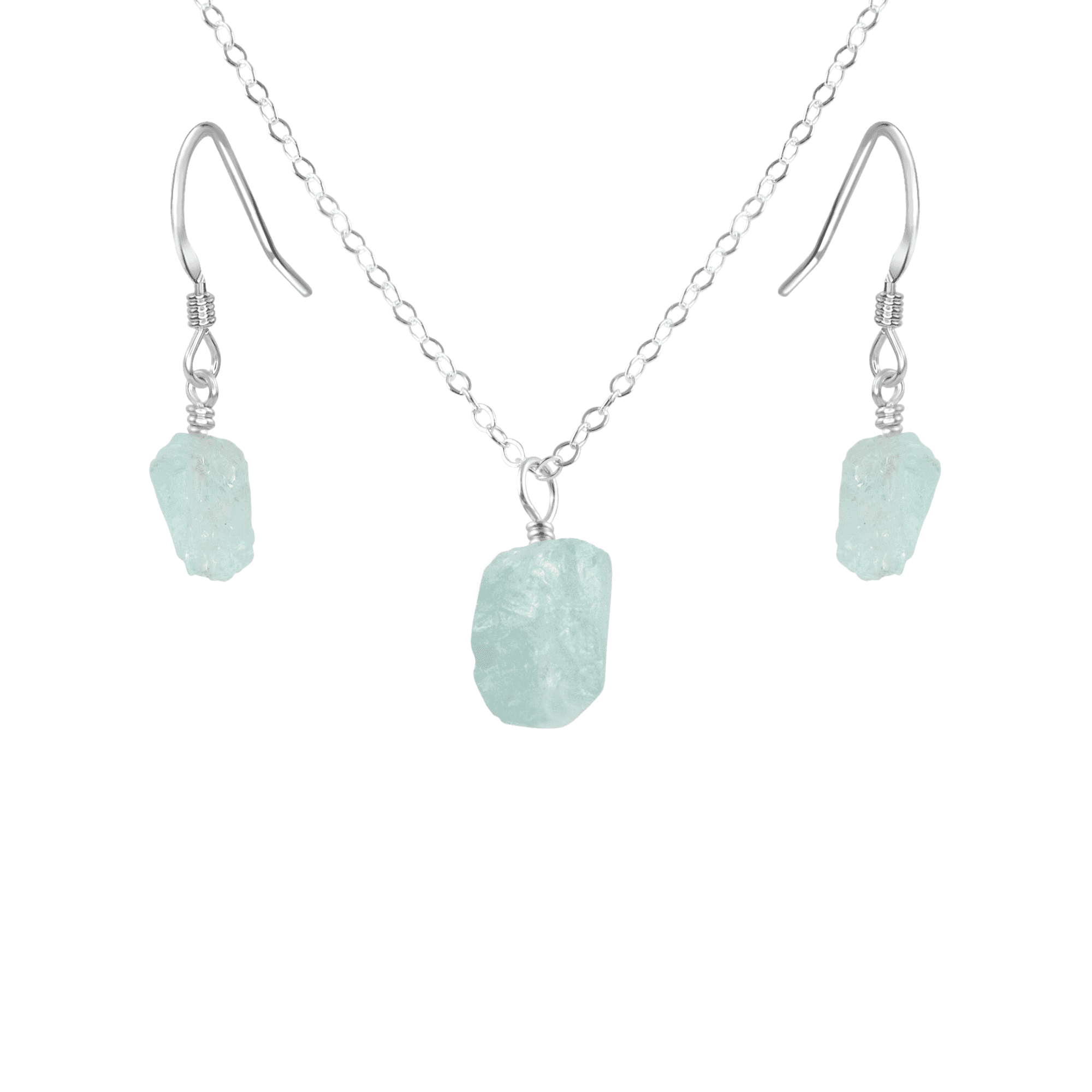Raw Aquamarine Crystal Earrings & Necklace Set - Raw Aquamarine Crystal Earrings & Necklace Set - Sterling Silver / Cable - Luna Tide Handmade Crystal Jewellery