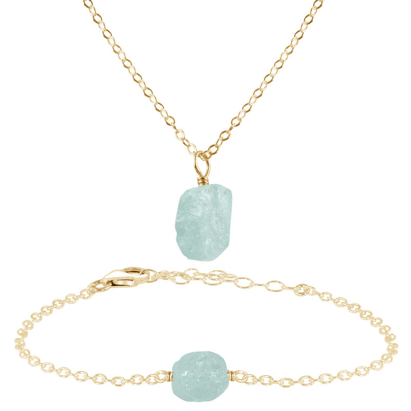 Raw Aquamarine Crystal Necklace & Bracelet Set - Raw Aquamarine Crystal Necklace & Bracelet Set - 14k Gold Fill - Luna Tide Handmade Crystal Jewellery