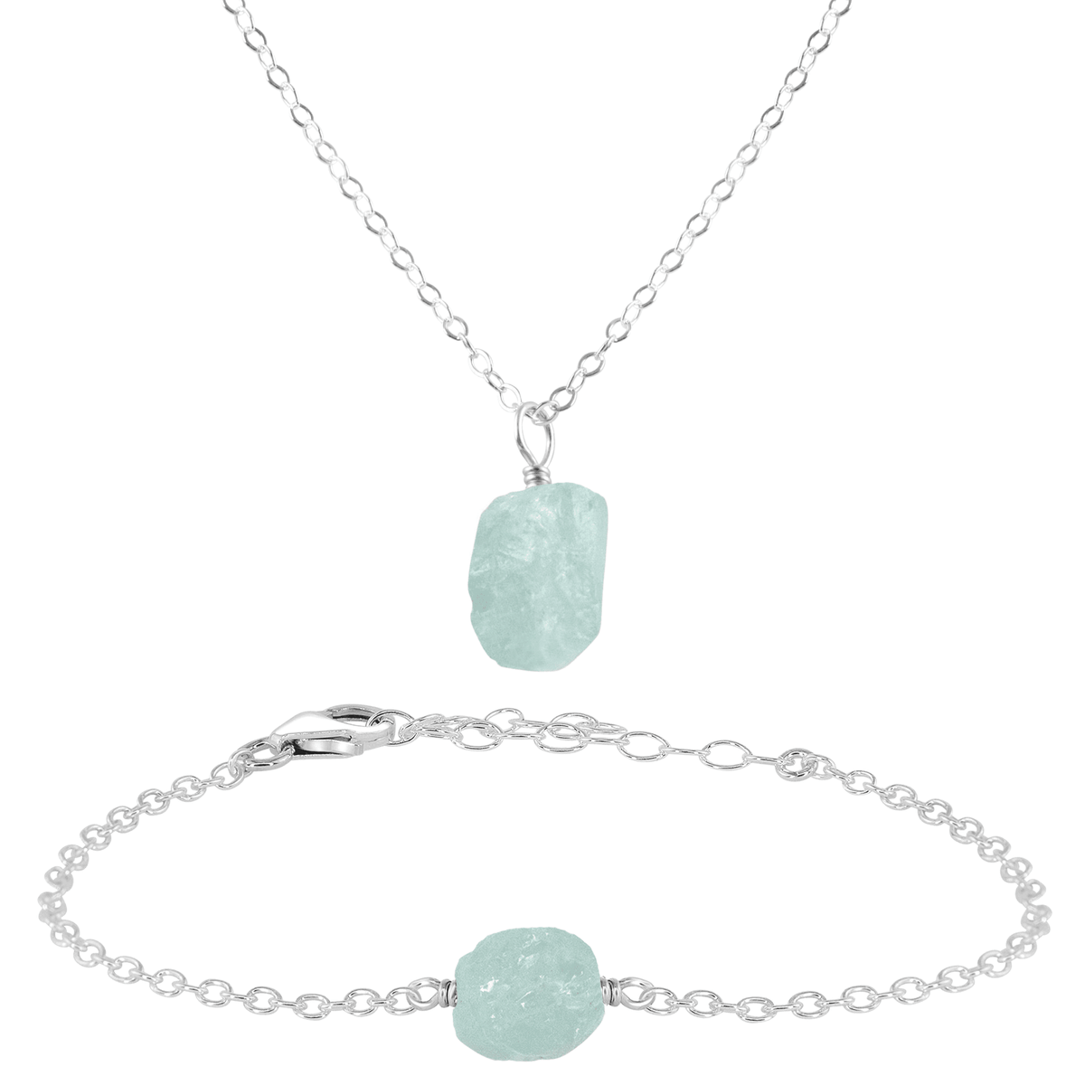 Raw Aquamarine Crystal Necklace & Bracelet Set - Raw Aquamarine Crystal Necklace & Bracelet Set - Sterling Silver - Luna Tide Handmade Crystal Jewellery