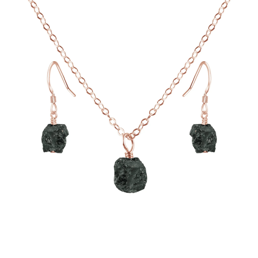 Raw Black Tourmaline Crystal Earrings & Necklace Set - Raw Black Tourmaline Crystal Earrings & Necklace Set - 14k Rose Gold Fill / Cable - Luna Tide Handmade Crystal Jewellery