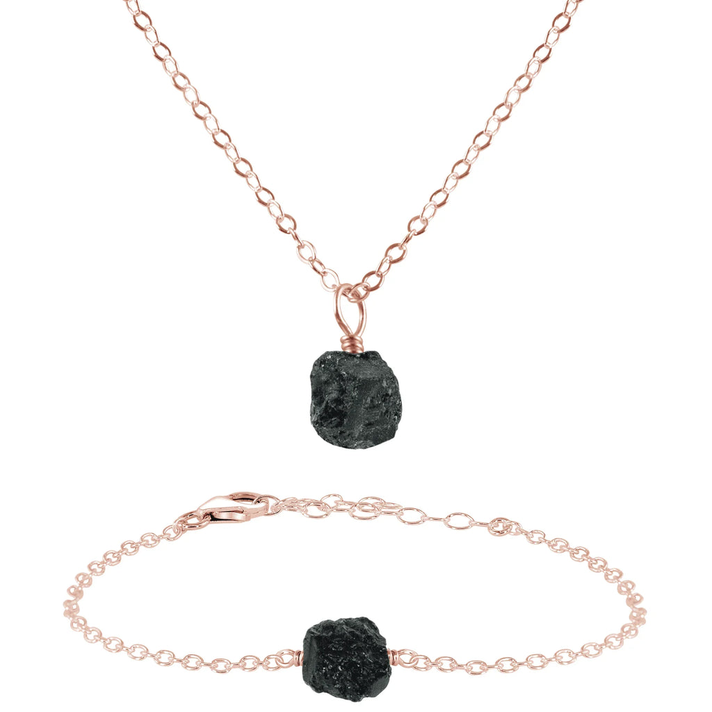 Raw Black Tourmaline Crystal Necklace & Bracelet Set - Raw Black Tourmaline Crystal Necklace & Bracelet Set - 14k Rose Gold Fill - Luna Tide Handmade Crystal Jewellery