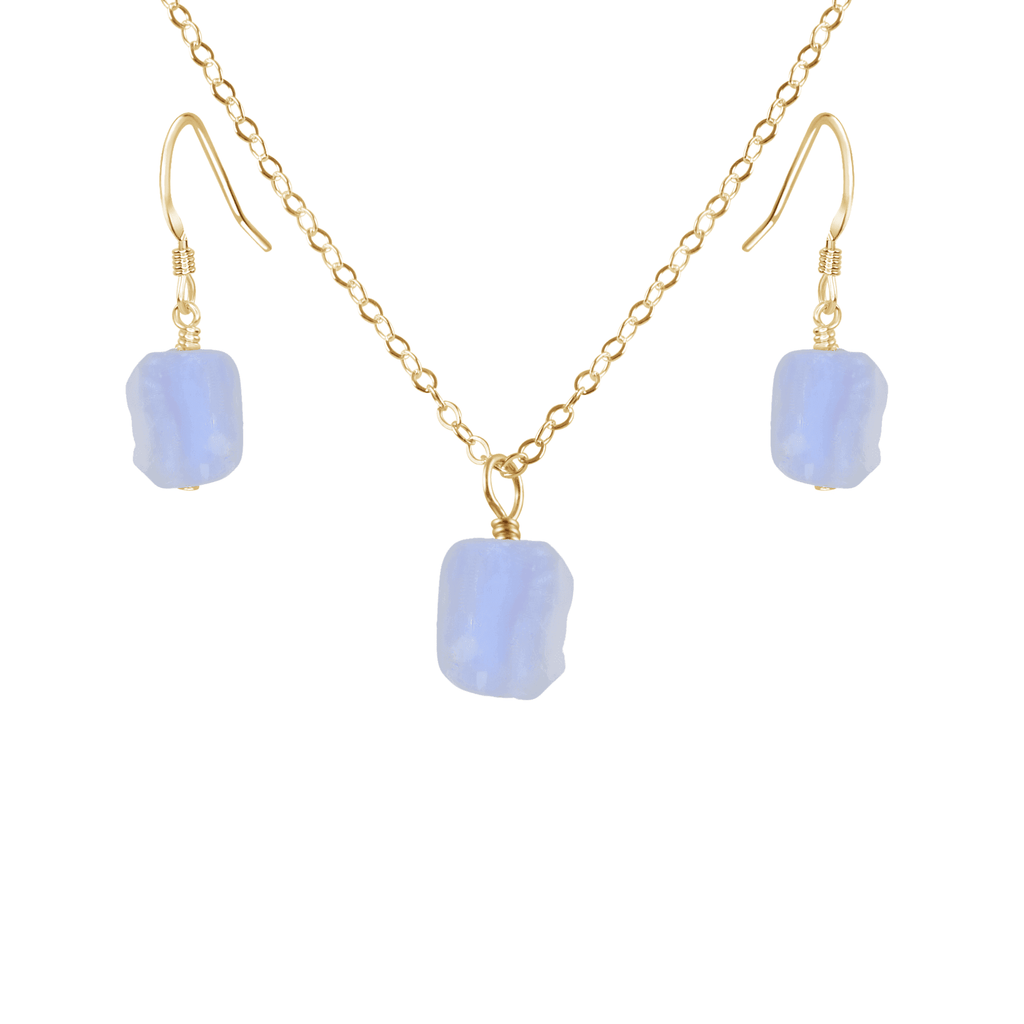 Raw Blue Lace Agate Crystal Earrings & Necklace Set - Raw Blue Lace Agate Crystal Earrings & Necklace Set - 14k Gold Fill / Cable - Luna Tide Handmade Crystal Jewellery