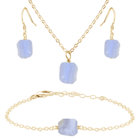 Raw Blue Lace Agate Crystal Earrings, Necklace & Bracelet Set - Raw Blue Lace Agate Crystal Earrings, Necklace & Bracelet Set - 14k Gold Fill - Luna Tide Handmade Crystal Jewellery