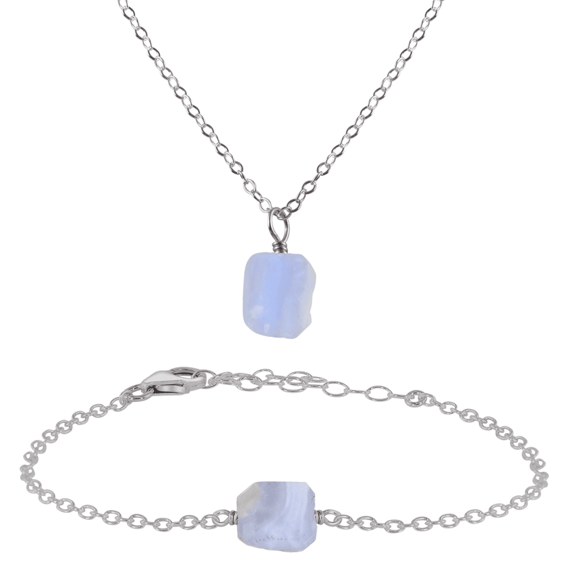 Raw Blue Lace Agate Crystal Necklace & Bracelet Set - Raw Blue Lace Agate Crystal Necklace & Bracelet Set - Stainless Steel - Luna Tide Handmade Crystal Jewellery