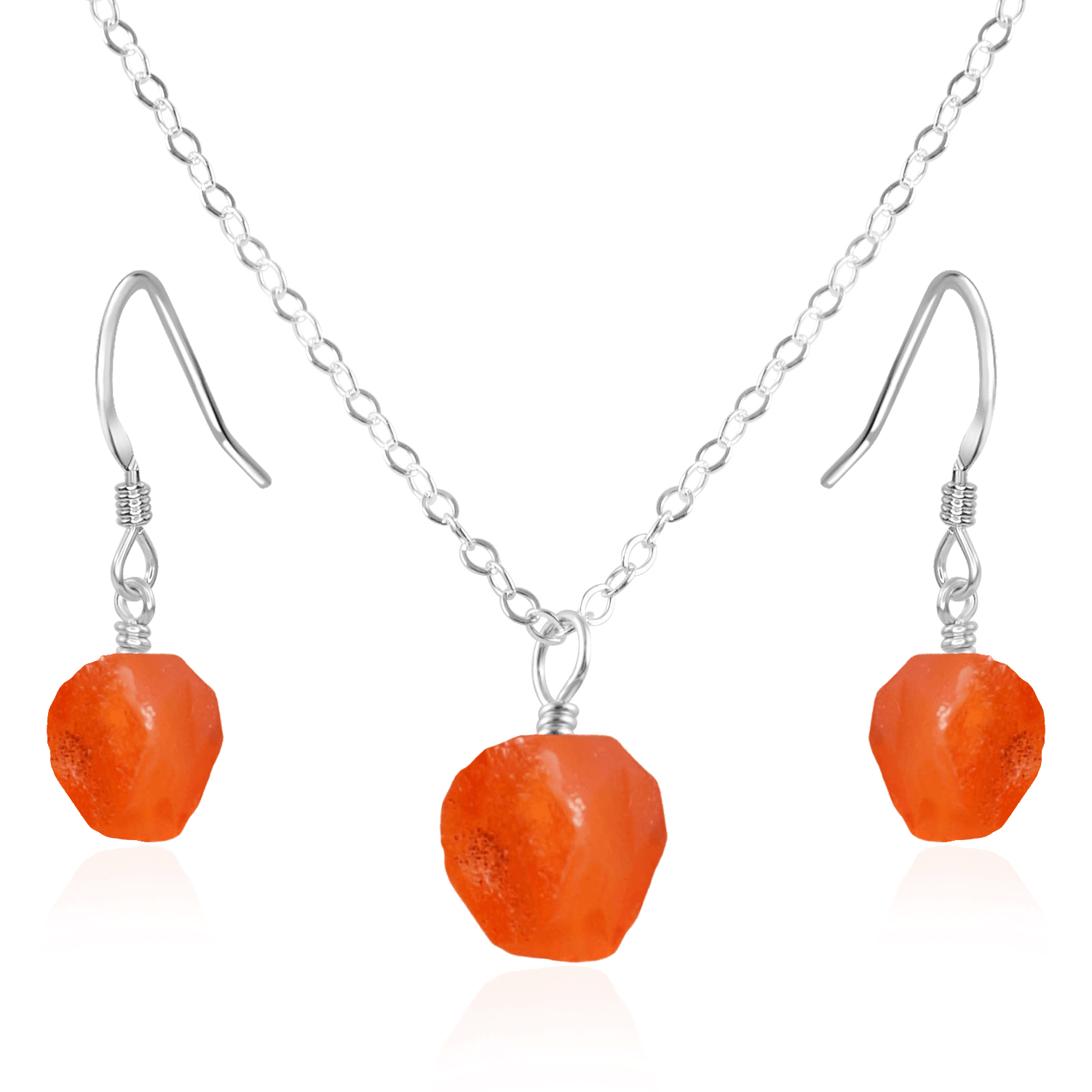 Raw Carnelian Crystal Jewellery Set - Raw Carnelian Crystal Jewellery Set - Sterling Silver / Cable / Necklace & Earrings - Luna Tide Handmade Crystal Jewellery