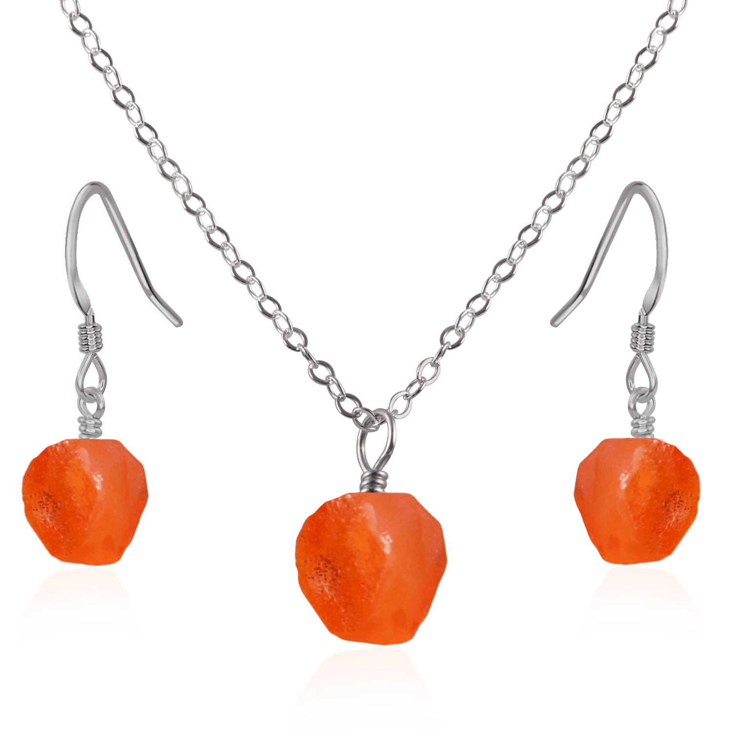 Raw Carnelian Crystal Jewellery Set - Raw Carnelian Crystal Jewellery Set - Stainless Steel / Cable / Necklace & Earrings - Luna Tide Handmade Crystal Jewellery
