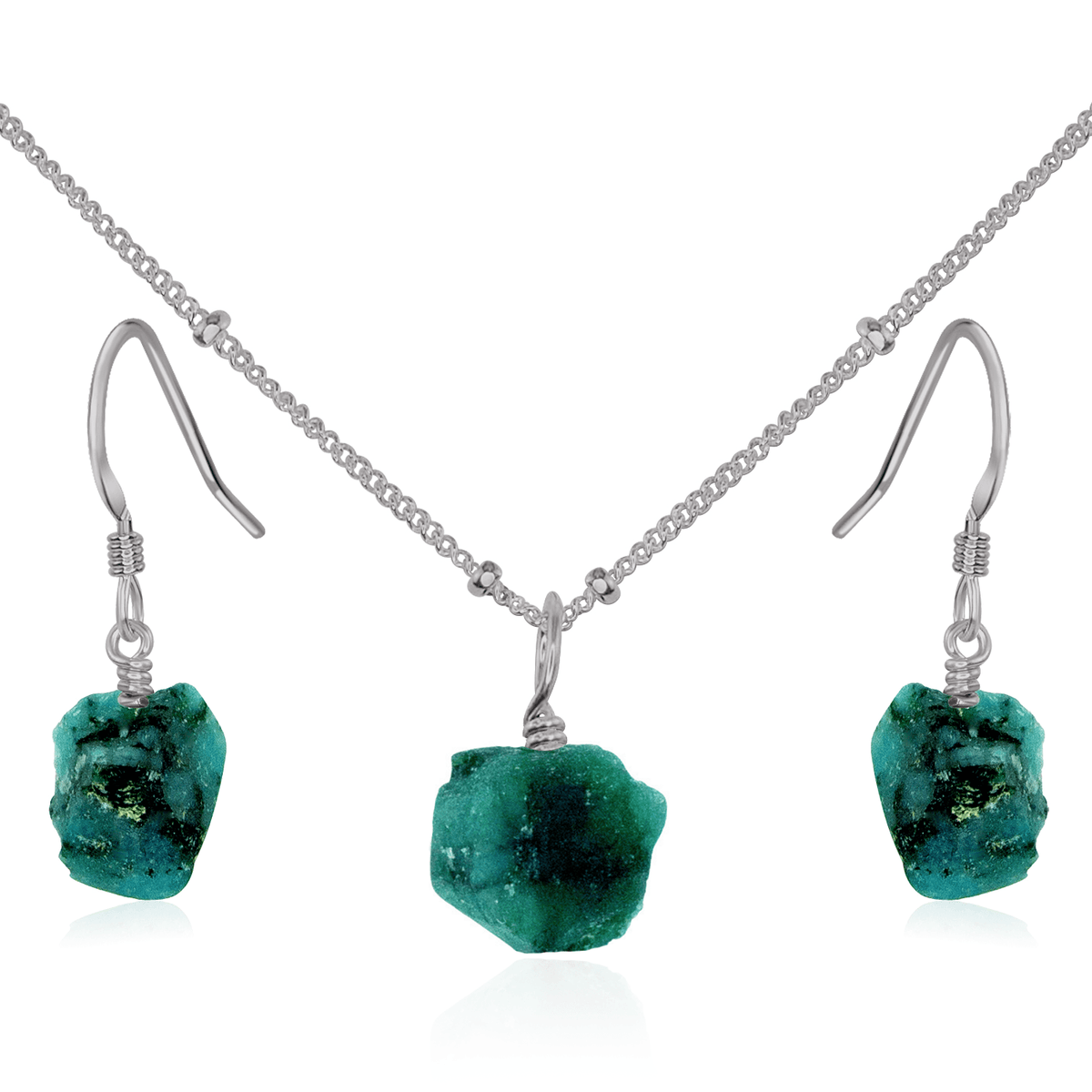 Raw Emerald Crystal Earrings & Necklace Set - Raw Emerald Crystal Earrings & Necklace Set - Stainless Steel / Satellite - Luna Tide Handmade Crystal Jewellery