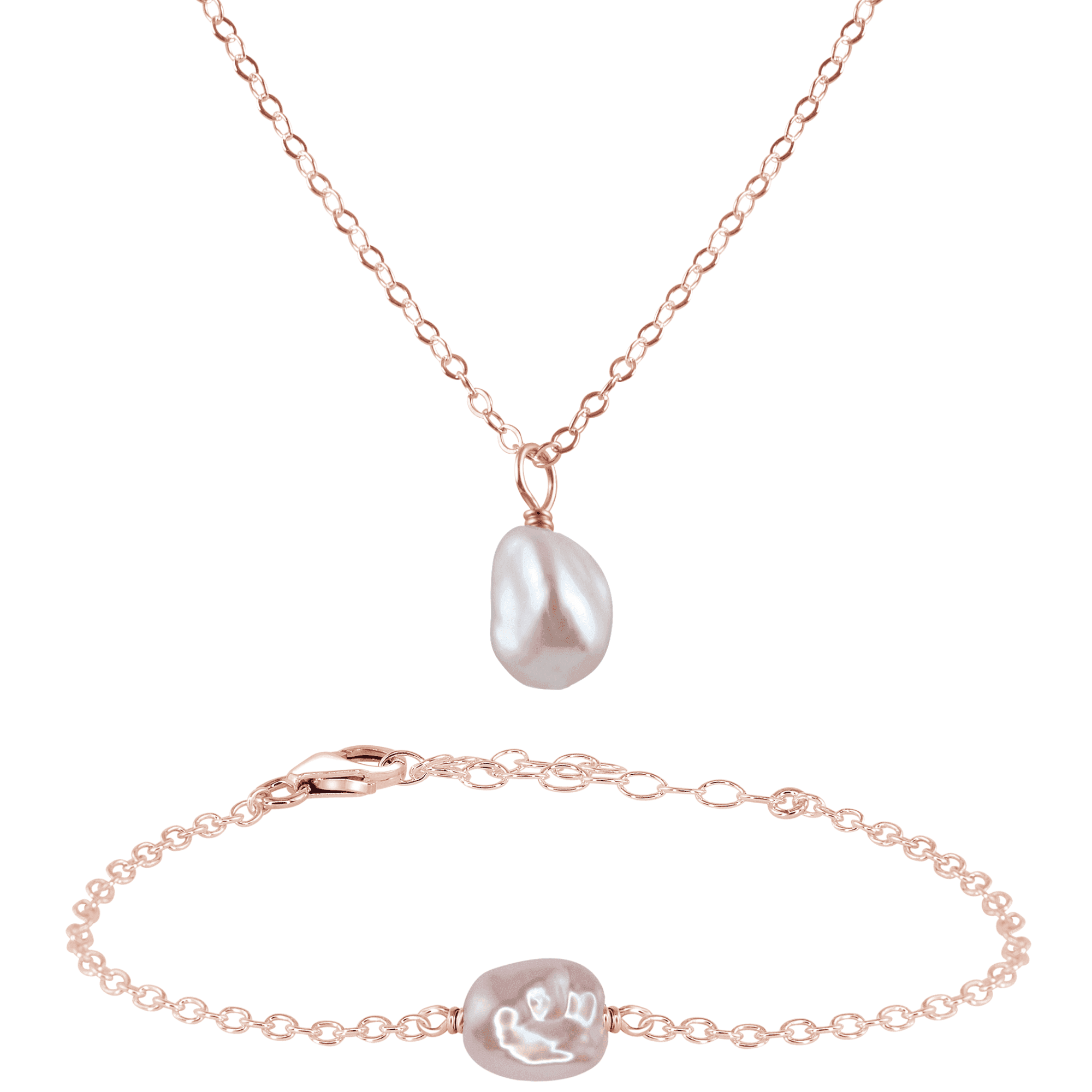 Raw Freshwater Pearl Crystal Necklace & Bracelet Set - Raw Freshwater Pearl Crystal Necklace & Bracelet Set - 14k Rose Gold Fill - Luna Tide Handmade Crystal Jewellery