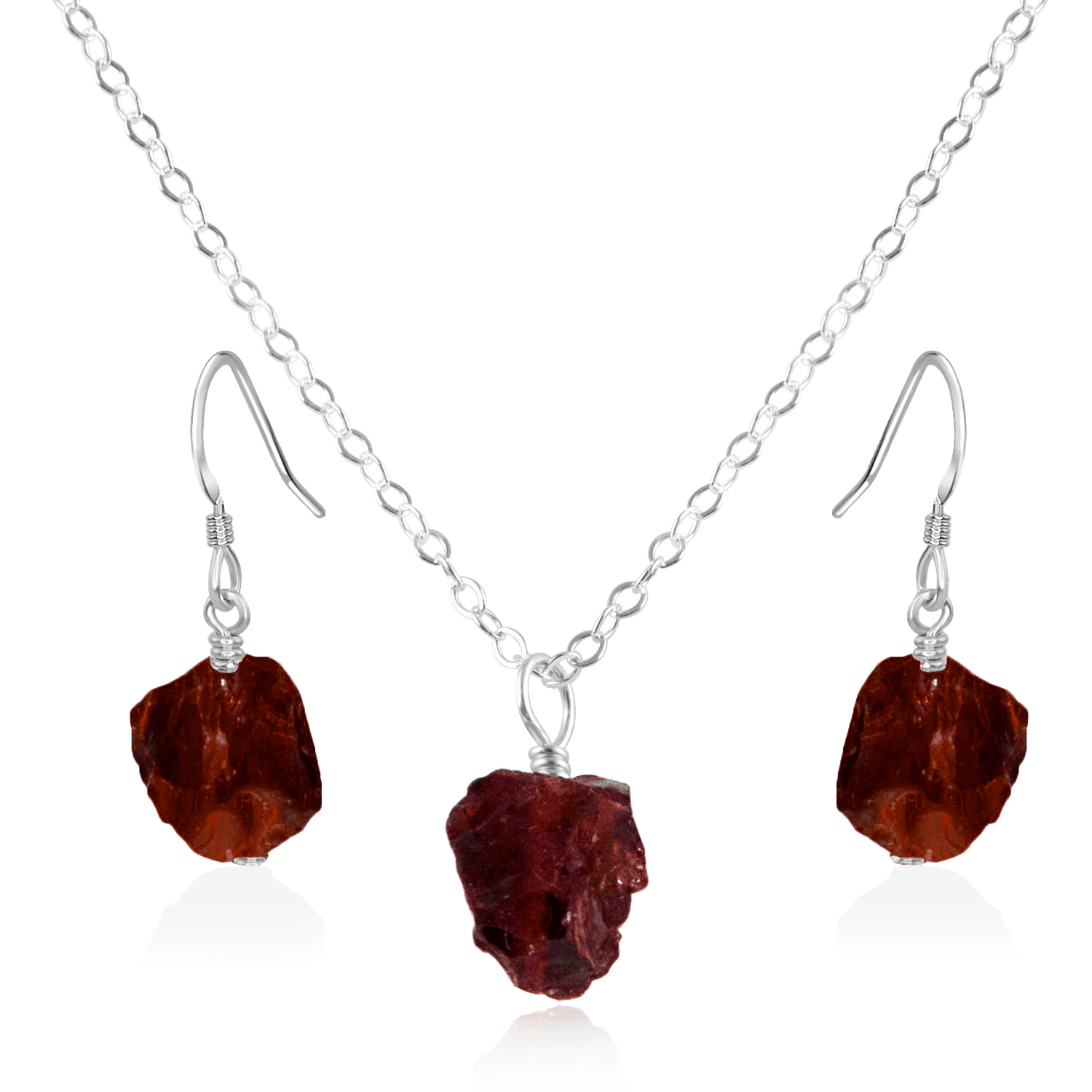 Raw Garnet Crystal Jewellery Set - Raw Garnet Crystal Jewellery Set - Sterling Silver / Cable / Necklace & Earrings - Luna Tide Handmade Crystal Jewellery