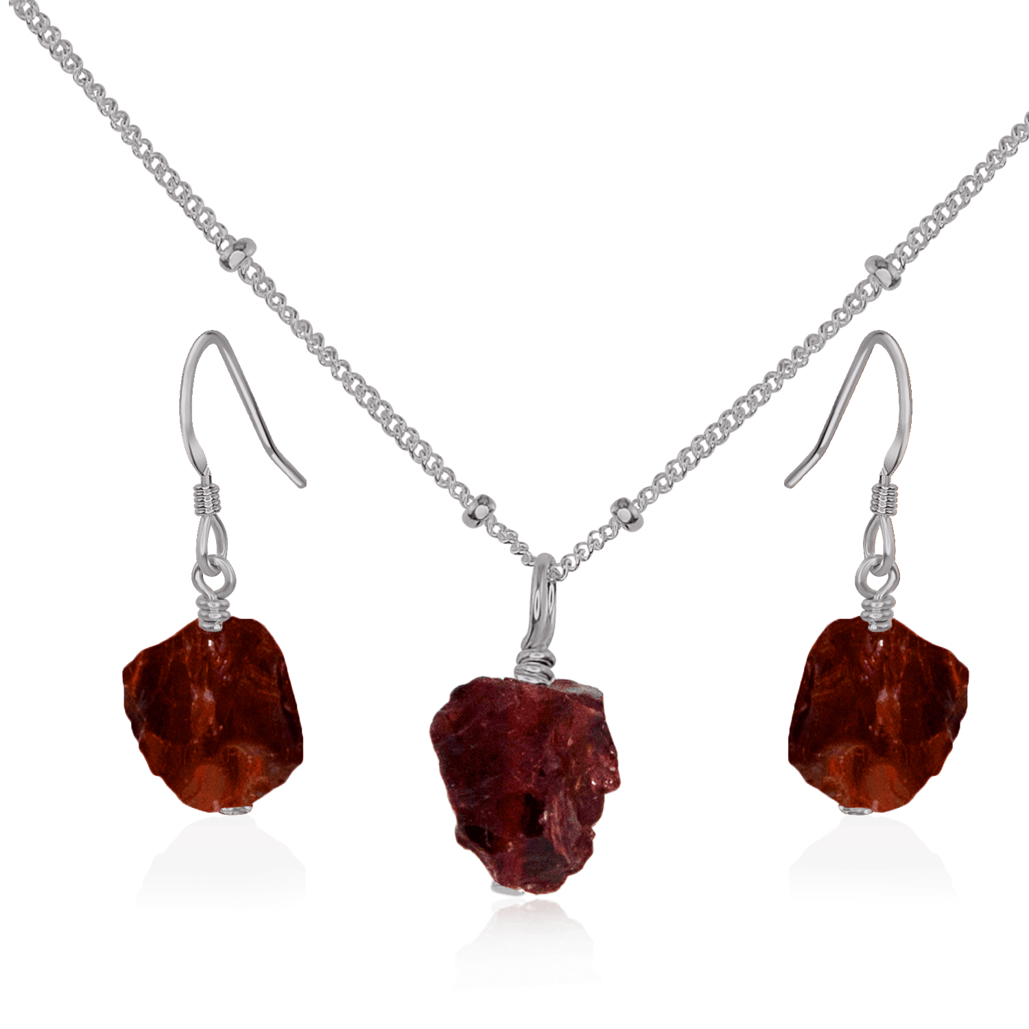 Raw Garnet Crystal Jewellery Set - Raw Garnet Crystal Jewellery Set - Stainless Steel / Satellite / Necklace & Earrings - Luna Tide Handmade Crystal Jewellery