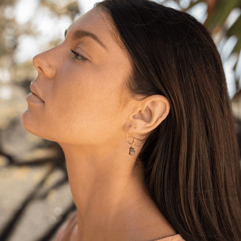 Raw Garnet Gemstone Dangle Hoop Earrings - Raw Garnet Gemstone Dangle Hoop Earrings - Sterling Silver - Luna Tide Handmade Crystal Jewellery