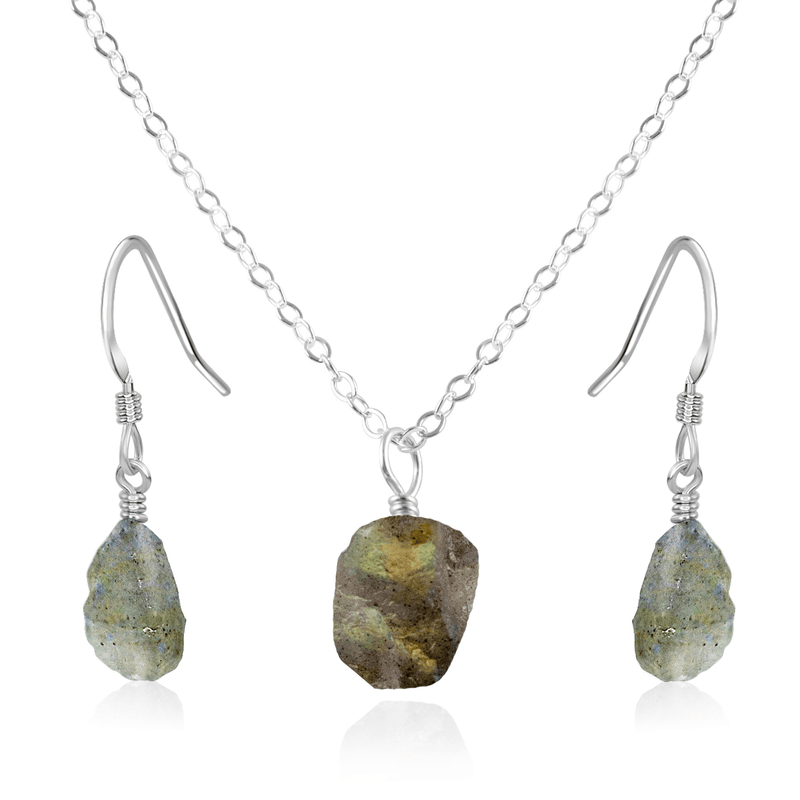 Raw Labradorite Crystal Earrings & Necklace Set - Raw Labradorite Crystal Earrings & Necklace Set - Sterling Silver / Cable - Luna Tide Handmade Crystal Jewellery