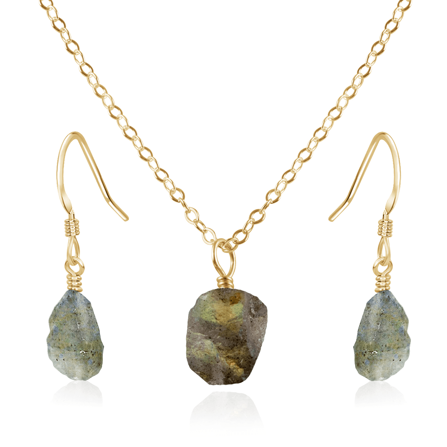 Raw Labradorite Crystal Jewellery Set - Raw Labradorite Crystal Jewellery Set - 14k Gold Fill / Cable / Necklace & Earrings - Luna Tide Handmade Crystal Jewellery