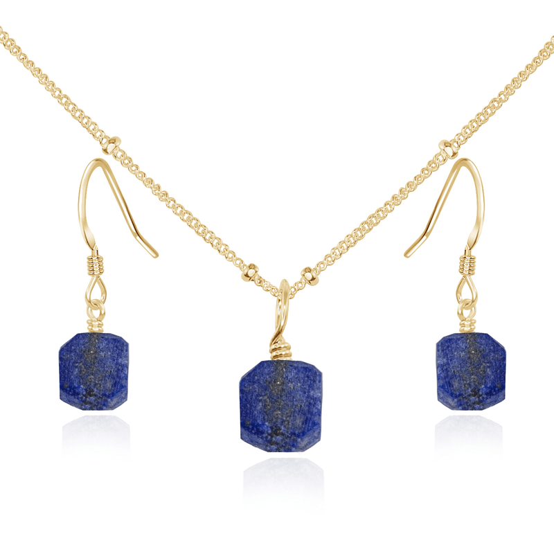 Raw Lapis Lazuli Crystal Earrings & Necklace Set - Raw Lapis Lazuli Crystal Earrings & Necklace Set - 14k Gold Fill / Satellite - Luna Tide Handmade Crystal Jewellery