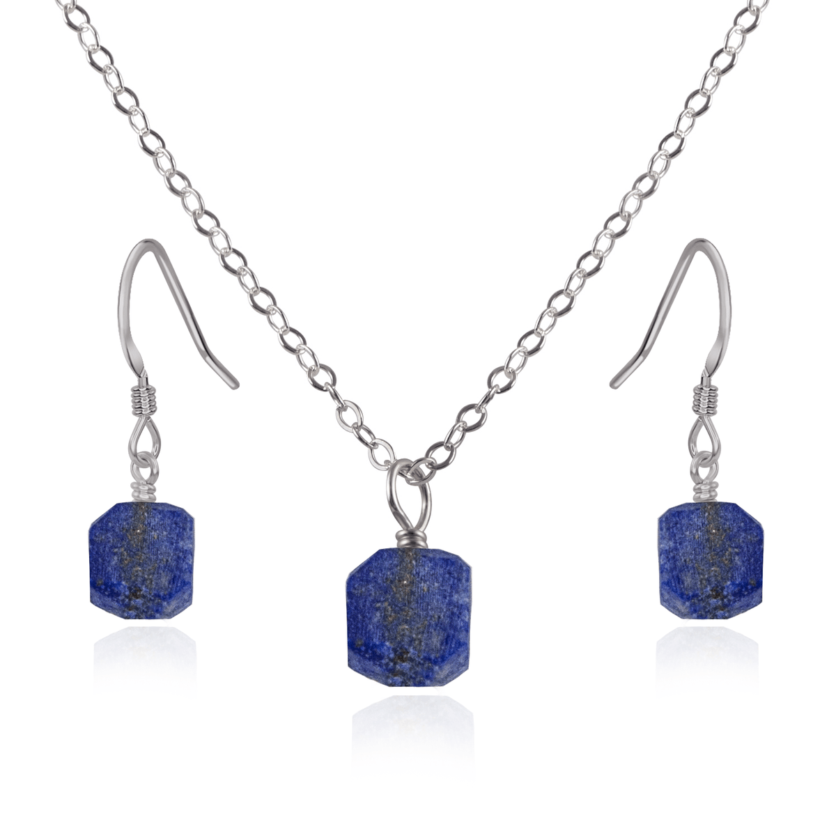 Raw Lapis Lazuli Crystal Earrings & Necklace Set - Raw Lapis Lazuli Crystal Earrings & Necklace Set - Stainless Steel / Cable - Luna Tide Handmade Crystal Jewellery