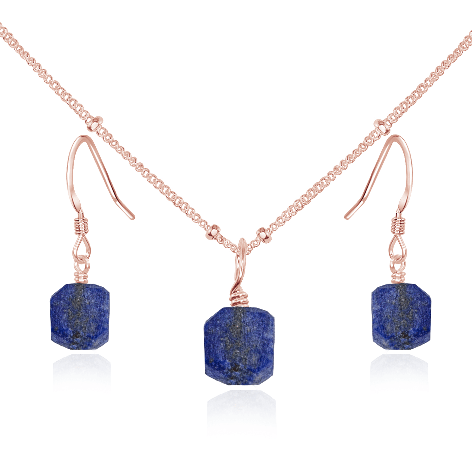 Raw Lapis Lazuli Crystal Jewellery Set - Raw Lapis Lazuli Crystal Jewellery Set - 14k Rose Gold Fill / Satellite / Necklace & Earrings - Luna Tide Handmade Crystal Jewellery