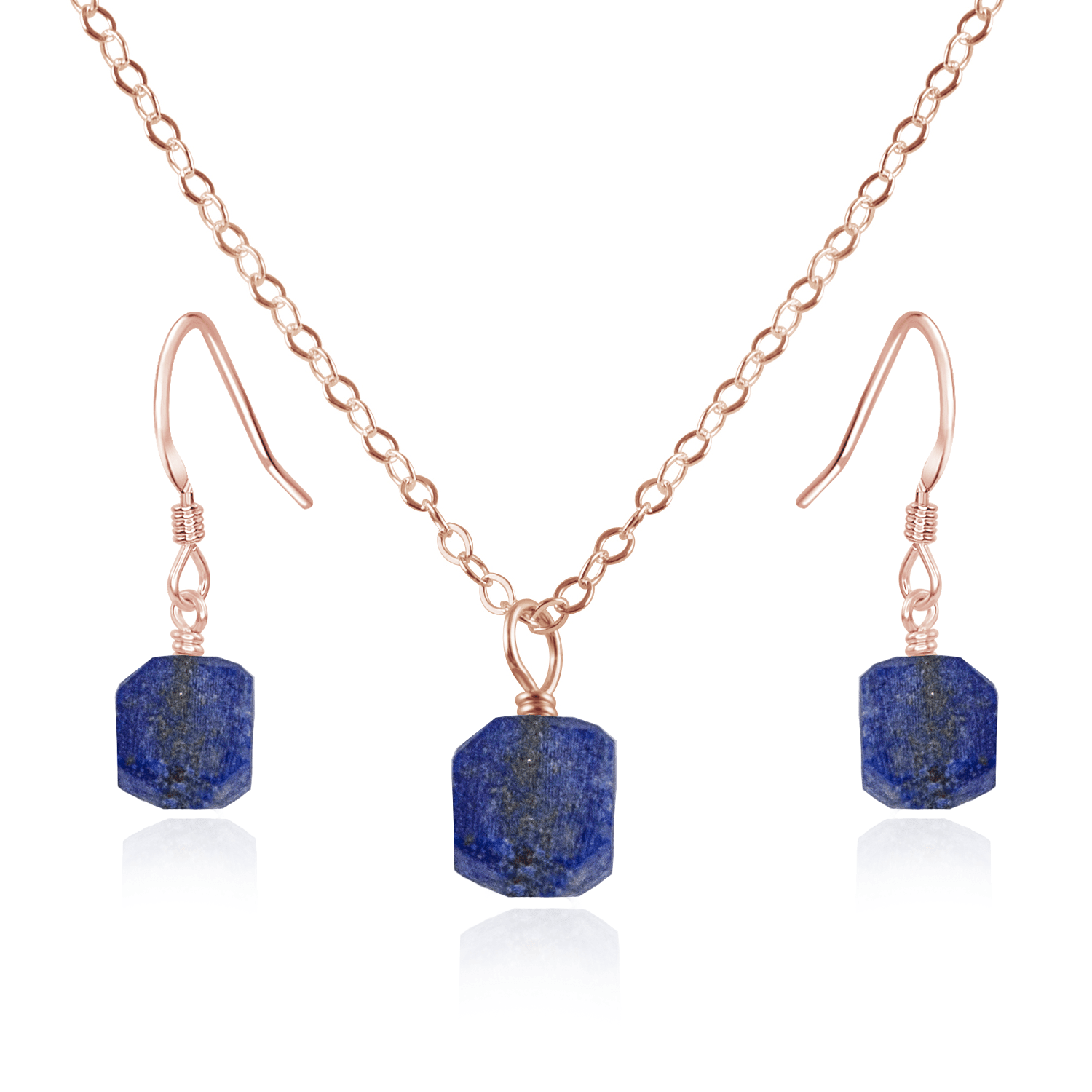 Raw Lapis Lazuli Crystal Jewellery Set - Raw Lapis Lazuli Crystal Jewellery Set - 14k Rose Gold Fill / Cable / Necklace & Earrings - Luna Tide Handmade Crystal Jewellery