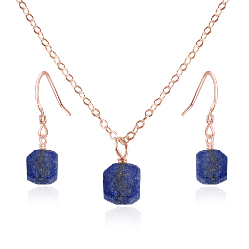 Raw Lapis Lazuli Crystal Earrings & Necklace Set - Raw Lapis Lazuli Crystal Earrings & Necklace Set - 14k Rose Gold Fill / Cable - Luna Tide Handmade Crystal Jewellery