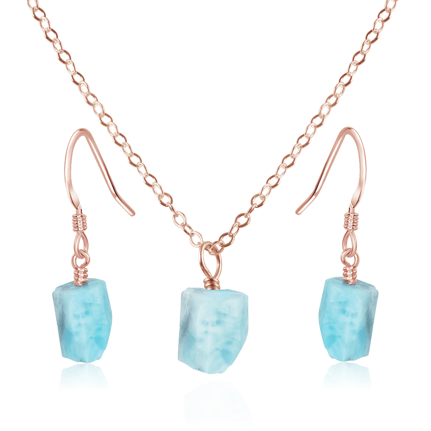 Raw Larimar Crystal Jewellery Set - Raw Larimar Crystal Jewellery Set - 14k Rose Gold Fill / Cable / Necklace & Earrings - Luna Tide Handmade Crystal Jewellery