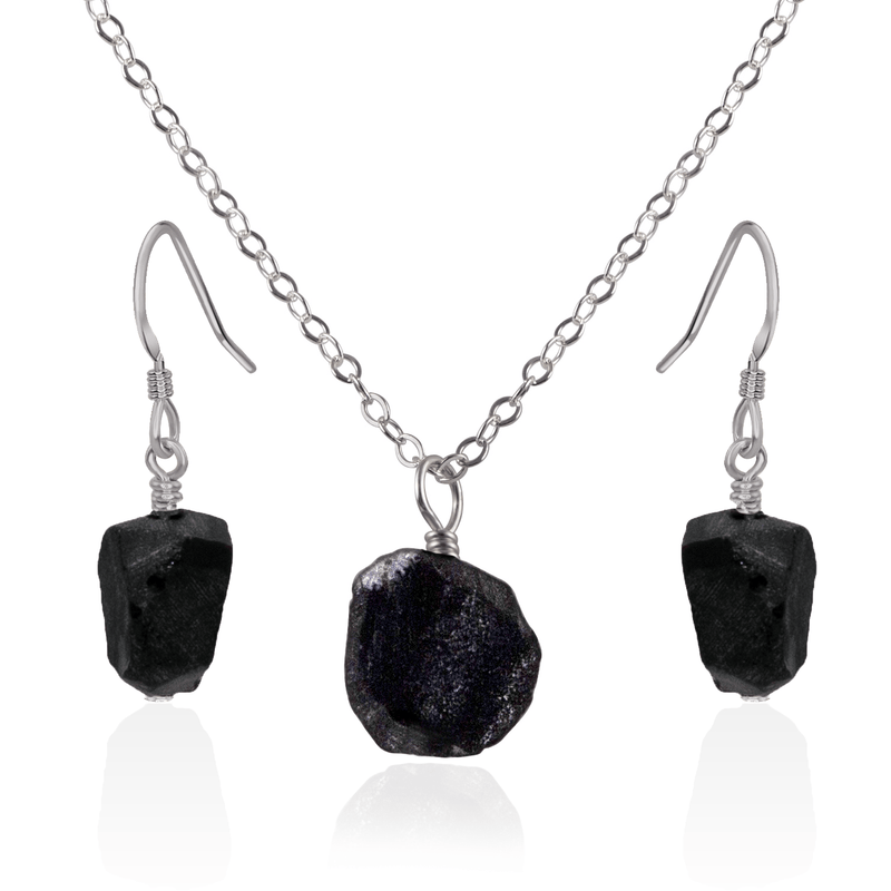 Raw Obsidian Crystal Earrings & Necklace Set - Raw Obsidian Crystal Earrings & Necklace Set - Stainless Steel / Cable - Luna Tide Handmade Crystal Jewellery
