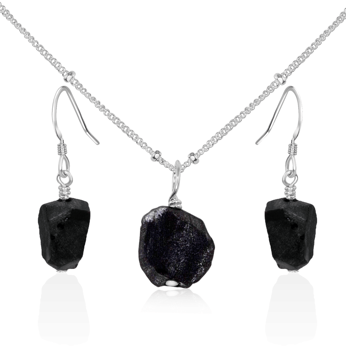 Raw Obsidian Crystal Earrings & Necklace Set - Raw Obsidian Crystal Earrings & Necklace Set - Sterling Silver / Satellite - Luna Tide Handmade Crystal Jewellery