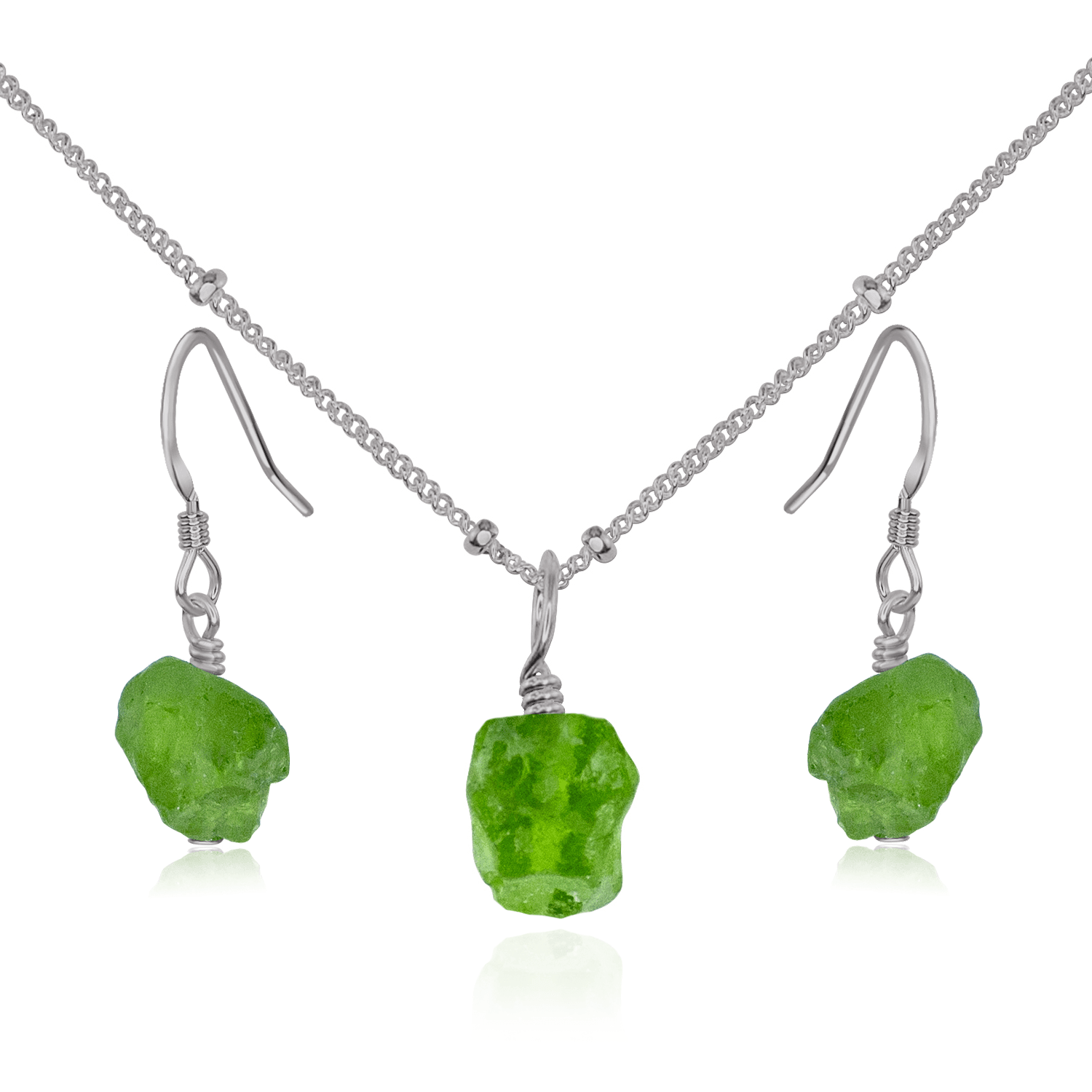 Raw Peridot Crystal Jewellery Set - Raw Peridot Crystal Jewellery Set - Stainless Steel / Satellite / Necklace & Earrings - Luna Tide Handmade Crystal Jewellery