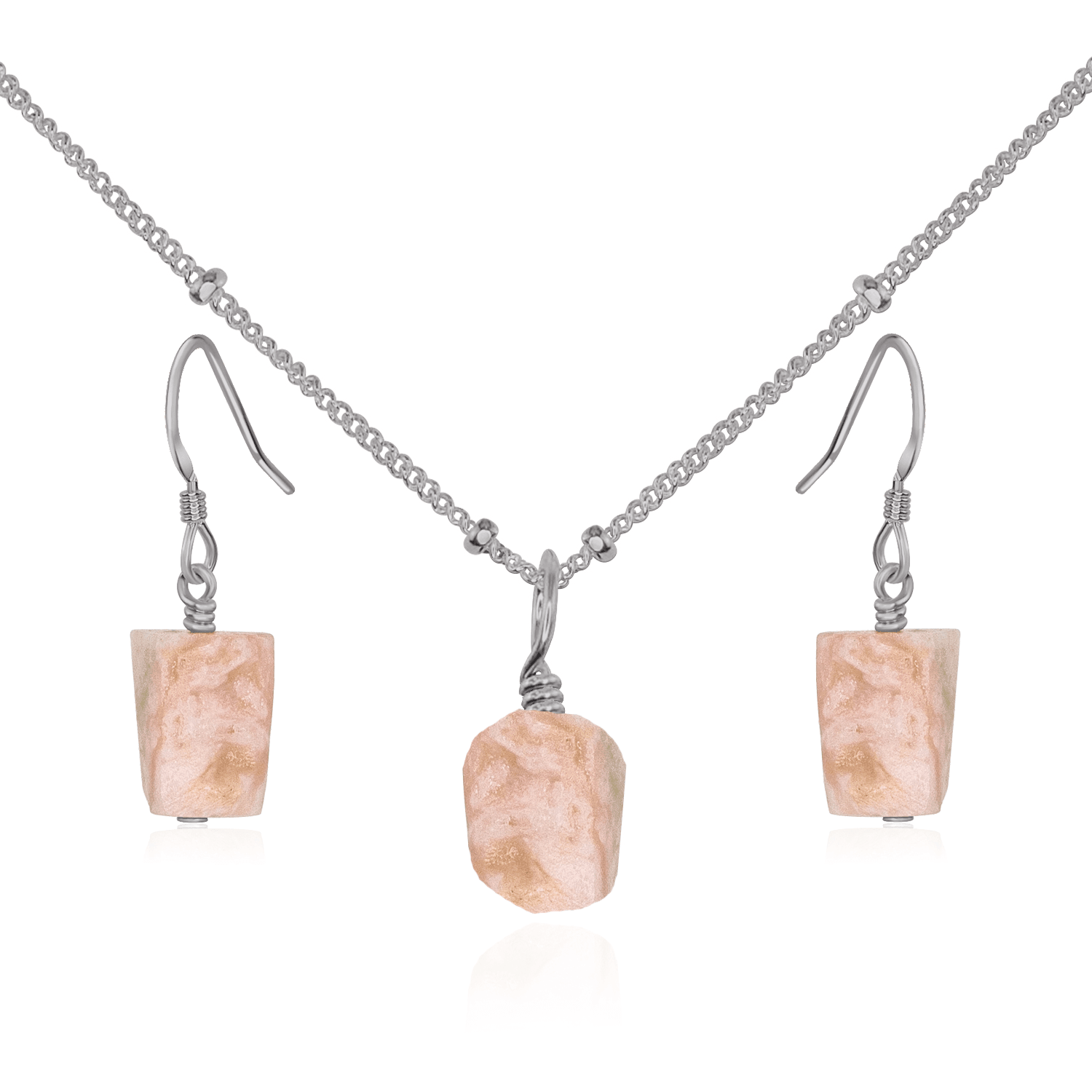 Raw Pink Peruvian Opal Crystal Jewellery Set - Raw Pink Peruvian Opal Crystal Jewellery Set - Stainless Steel / Satellite / Necklace & Earrings - Luna Tide Handmade Crystal Jewellery