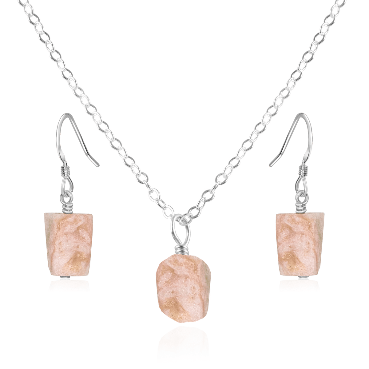 Raw Pink Peruvian Opal Crystal Earrings & Necklace Set - Raw Pink Peruvian Opal Crystal Earrings & Necklace Set - Sterling Silver / Cable - Luna Tide Handmade Crystal Jewellery
