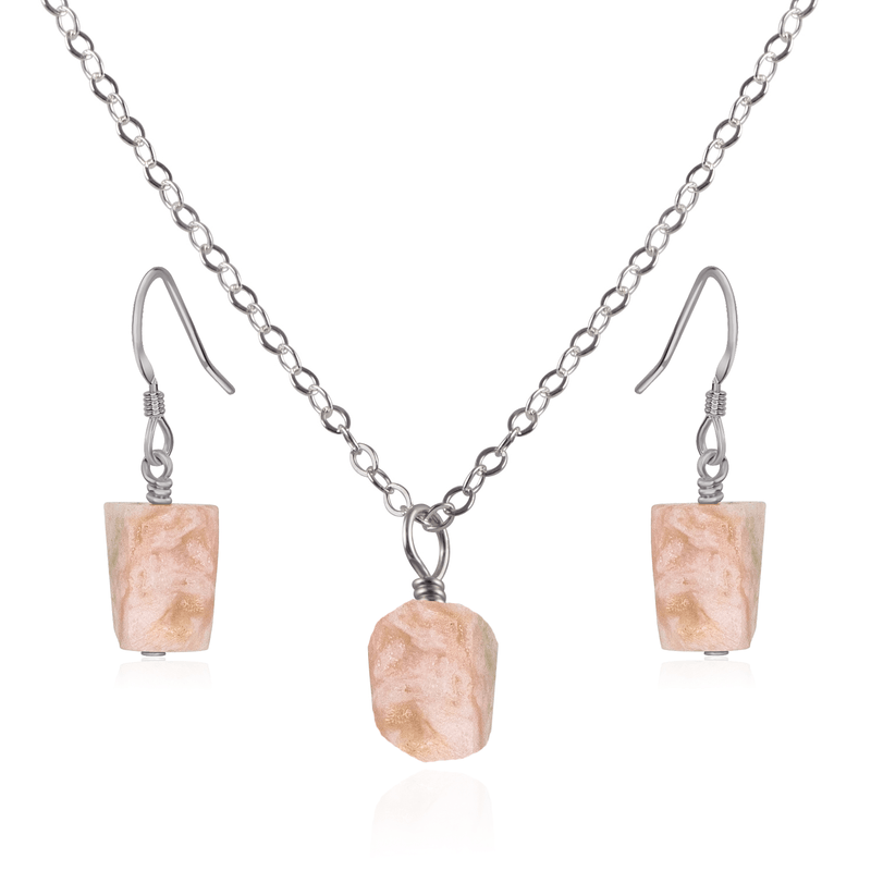 Raw Pink Peruvian Opal Crystal Earrings & Necklace Set - Raw Pink Peruvian Opal Crystal Earrings & Necklace Set - Stainless Steel / Cable - Luna Tide Handmade Crystal Jewellery