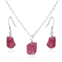 Raw Pink Tourmaline Crystal Earrings & Necklace Set - Raw Pink Tourmaline Crystal Earrings & Necklace Set - Sterling Silver / Cable - Luna Tide Handmade Crystal Jewellery