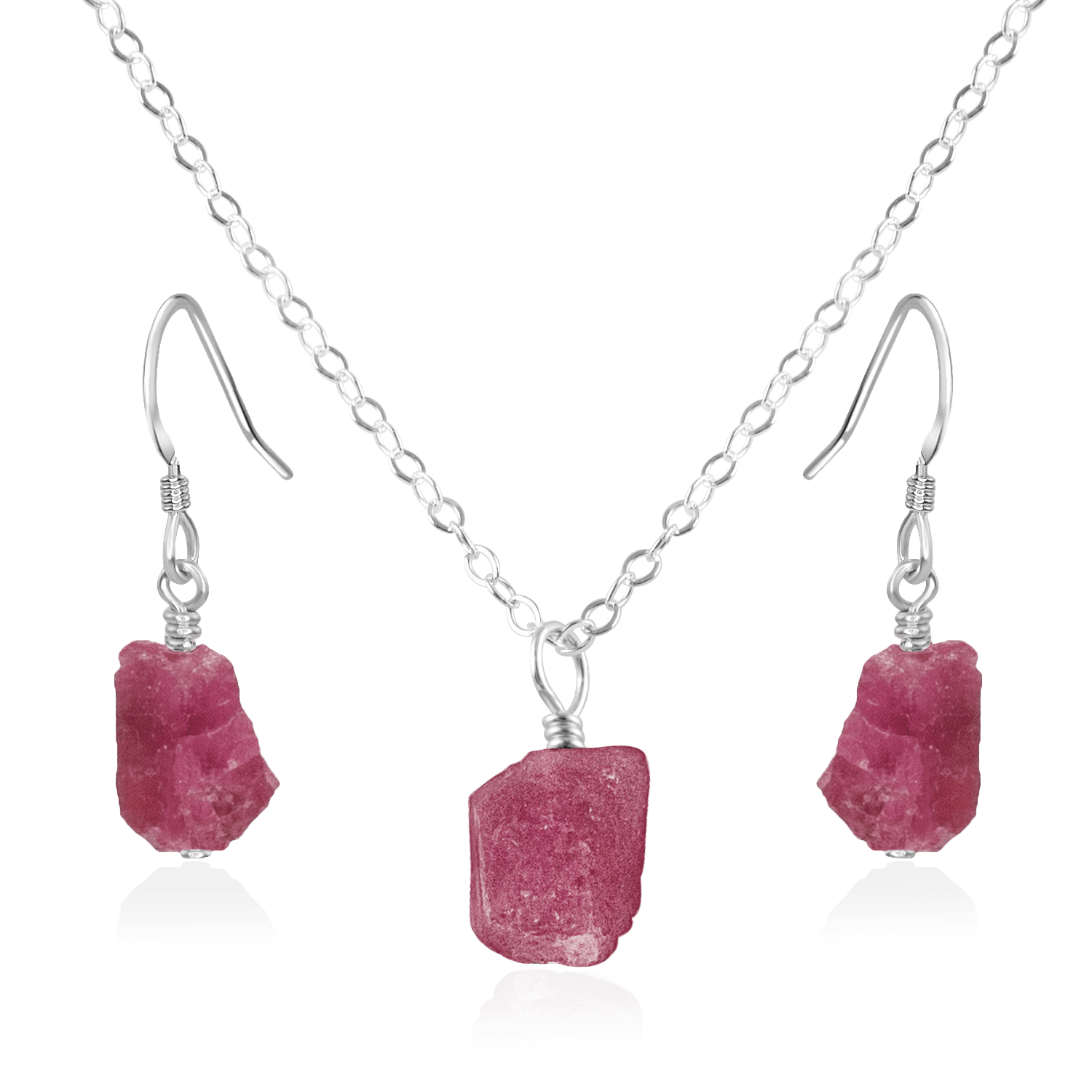 Raw Pink Tourmaline Crystal Jewellery Set - Raw Pink Tourmaline Crystal Jewellery Set - Sterling Silver / Cable / Necklace & Earrings - Luna Tide Handmade Crystal Jewellery