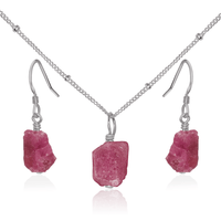 Raw Pink Tourmaline Crystal Earrings & Necklace Set - Raw Pink Tourmaline Crystal Earrings & Necklace Set - Stainless Steel / Satellite - Luna Tide Handmade Crystal Jewellery