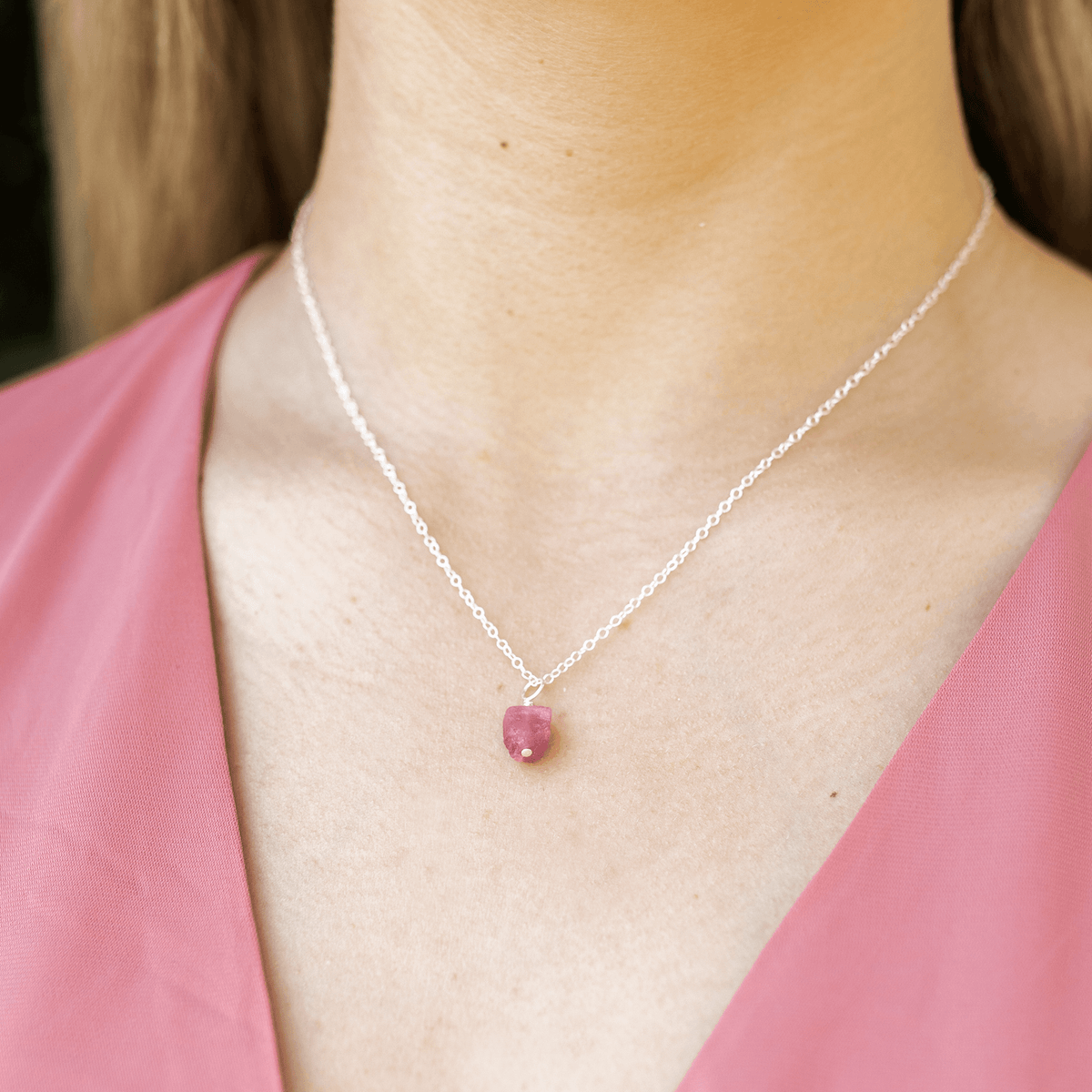 Raw Pink Tourmaline Crystal Earrings & Necklace Set - Raw Pink Tourmaline Crystal Earrings & Necklace Set - Sterling Silver / Cable - Luna Tide Handmade Crystal Jewellery