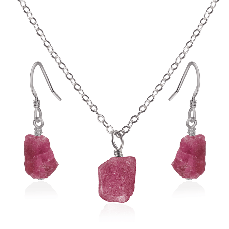 Raw Pink Tourmaline Crystal Earrings & Necklace Set - Raw Pink Tourmaline Crystal Earrings & Necklace Set - Stainless Steel / Cable - Luna Tide Handmade Crystal Jewellery
