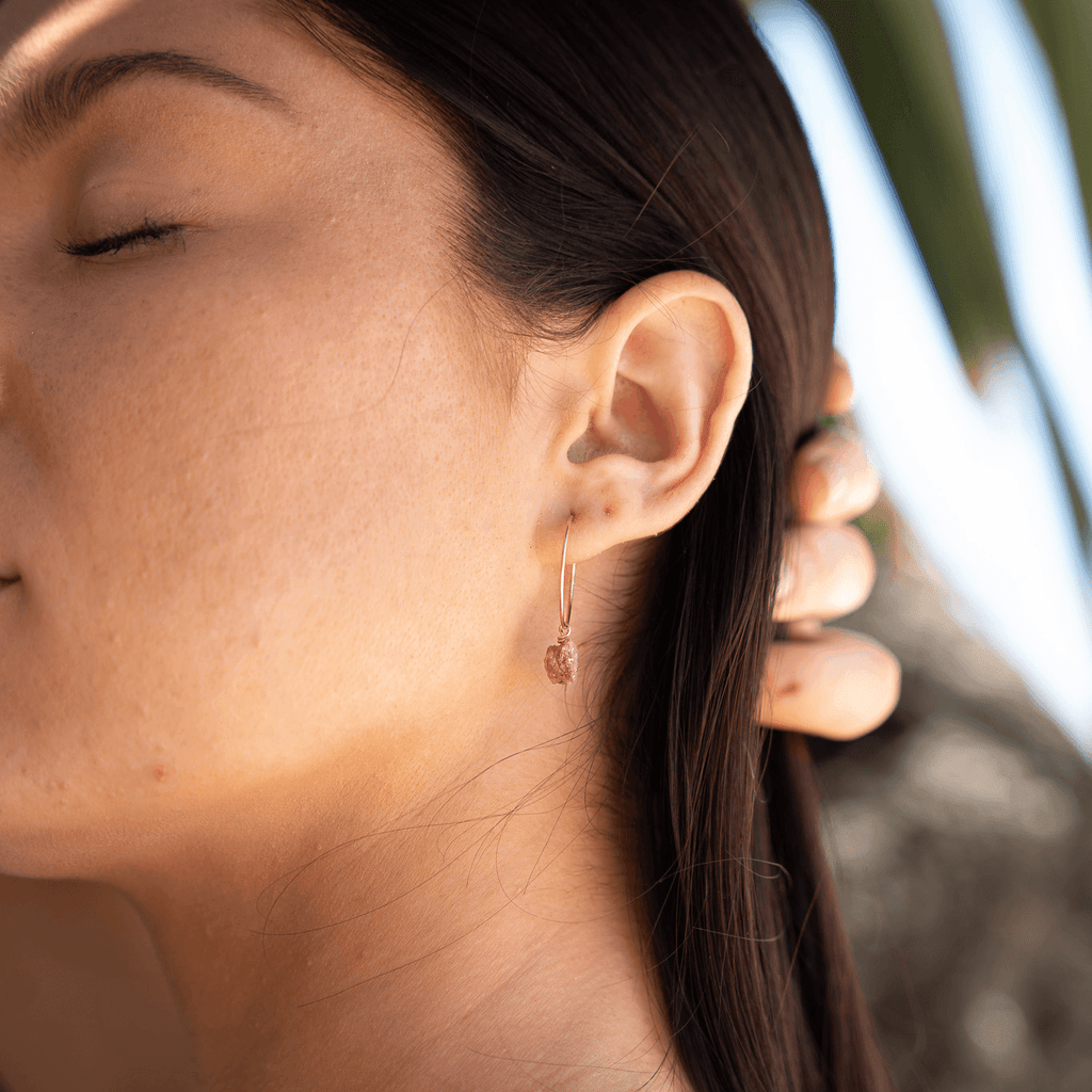 Raw Pink Tourmaline Gemstone Dangle Hoop Earrings - Raw Pink Tourmaline Gemstone Dangle Hoop Earrings - 14k Gold Fill - Luna Tide Handmade Crystal Jewellery