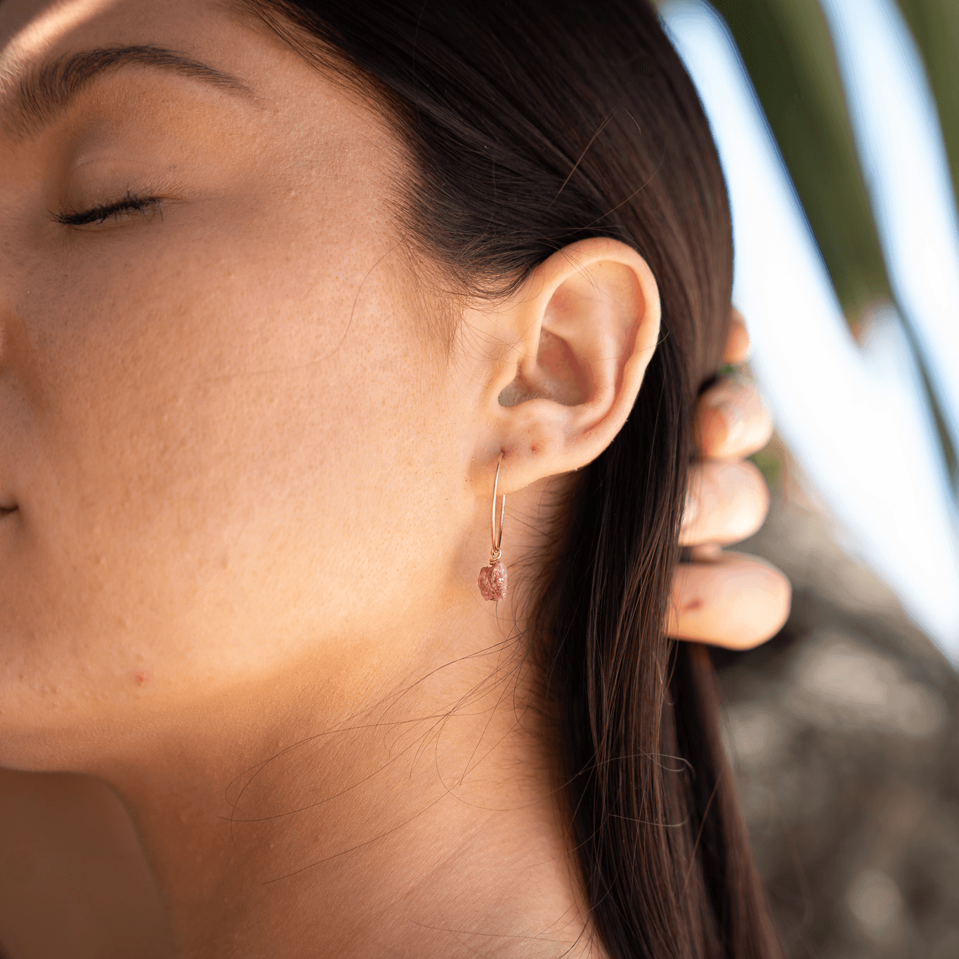 Raw Pink Tourmaline Gemstone Dangle Hoop Earrings - Raw Pink Tourmaline Gemstone Dangle Hoop Earrings - 14k Gold Fill - Luna Tide Handmade Crystal Jewellery