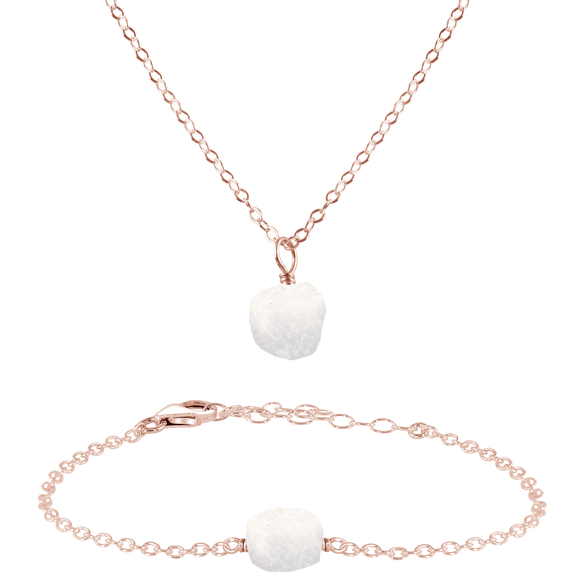 Raw Rainbow Moonstone Crystal Necklace & Bracelet Set - Raw Rainbow Moonstone Crystal Necklace & Bracelet Set - 14k Rose Gold Fill - Luna Tide Handmade Crystal Jewellery