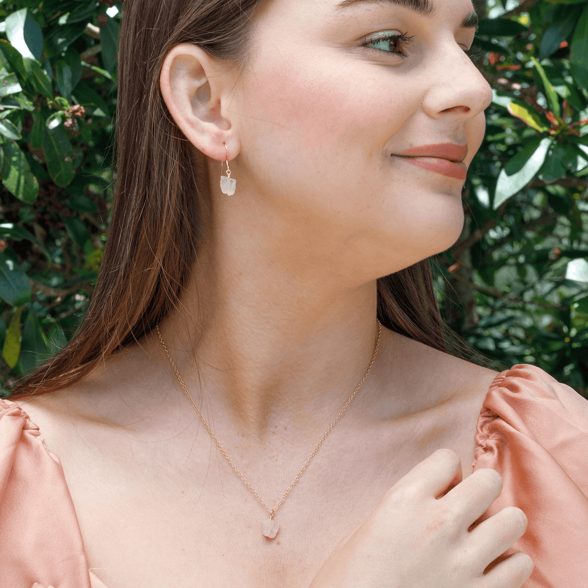 Raw Rose Quartz Crystal Earrings & Necklace Set - Raw Rose Quartz Crystal Earrings & Necklace Set - 14k Gold Fill - Luna Tide Handmade Crystal Jewellery