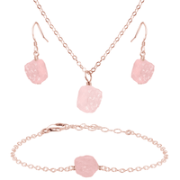 Raw Rose Quartz Crystal Earrings, Necklace & Bracelet Set - Raw Rose Quartz Crystal Earrings, Necklace & Bracelet Set - 14k Rose Gold Fill - Luna Tide Handmade Crystal Jewellery