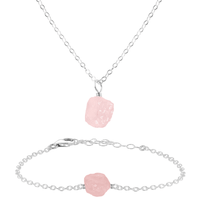 Raw Rose Quartz Crystal Necklace & Bracelet Set - Raw Rose Quartz Crystal Necklace & Bracelet Set - Sterling Silver - Luna Tide Handmade Crystal Jewellery