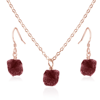 Raw Ruby Crystal Earrings & Necklace Set - Raw Ruby Crystal Earrings & Necklace Set - 14k Rose Gold Fill / Cable - Luna Tide Handmade Crystal Jewellery