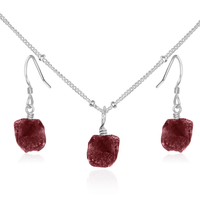Raw Ruby Crystal Earrings & Necklace Set - Raw Ruby Crystal Earrings & Necklace Set - Sterling Silver / Satellite - Luna Tide Handmade Crystal Jewellery